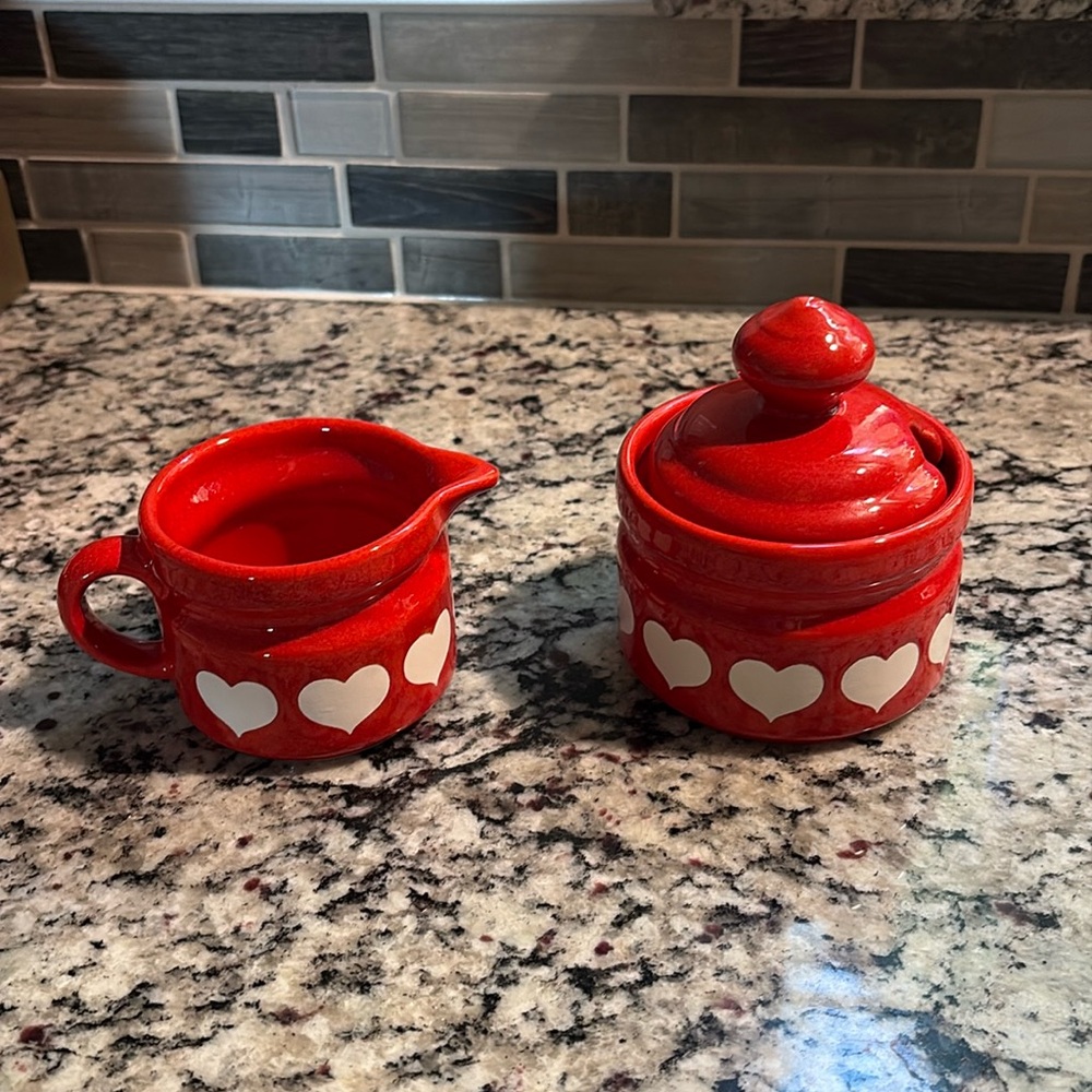 Waechtersbach West Germany Creamer & Lidded Sugar Set Holiday Red w/ White heart